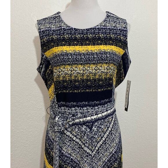 NWT ILE Size 12 Yellow Gray Fit & Flare Belted Chevron Stripe Dress Sleeveless - Picture 2 of 7